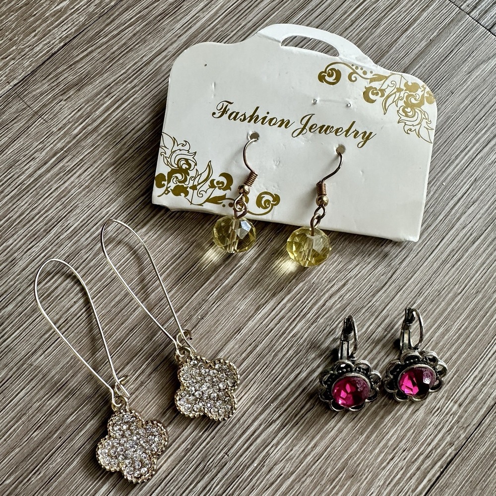 VTG Dangle Earrings 3 Pairs Flower Bead Crystal Rhinestones Boho Multicolor